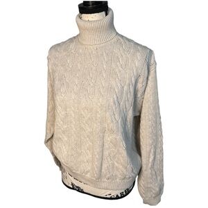 Wainscott Ivory Cableknit Fisherman Turtleneck Oversized Sweater L Boxy Fit Cozy